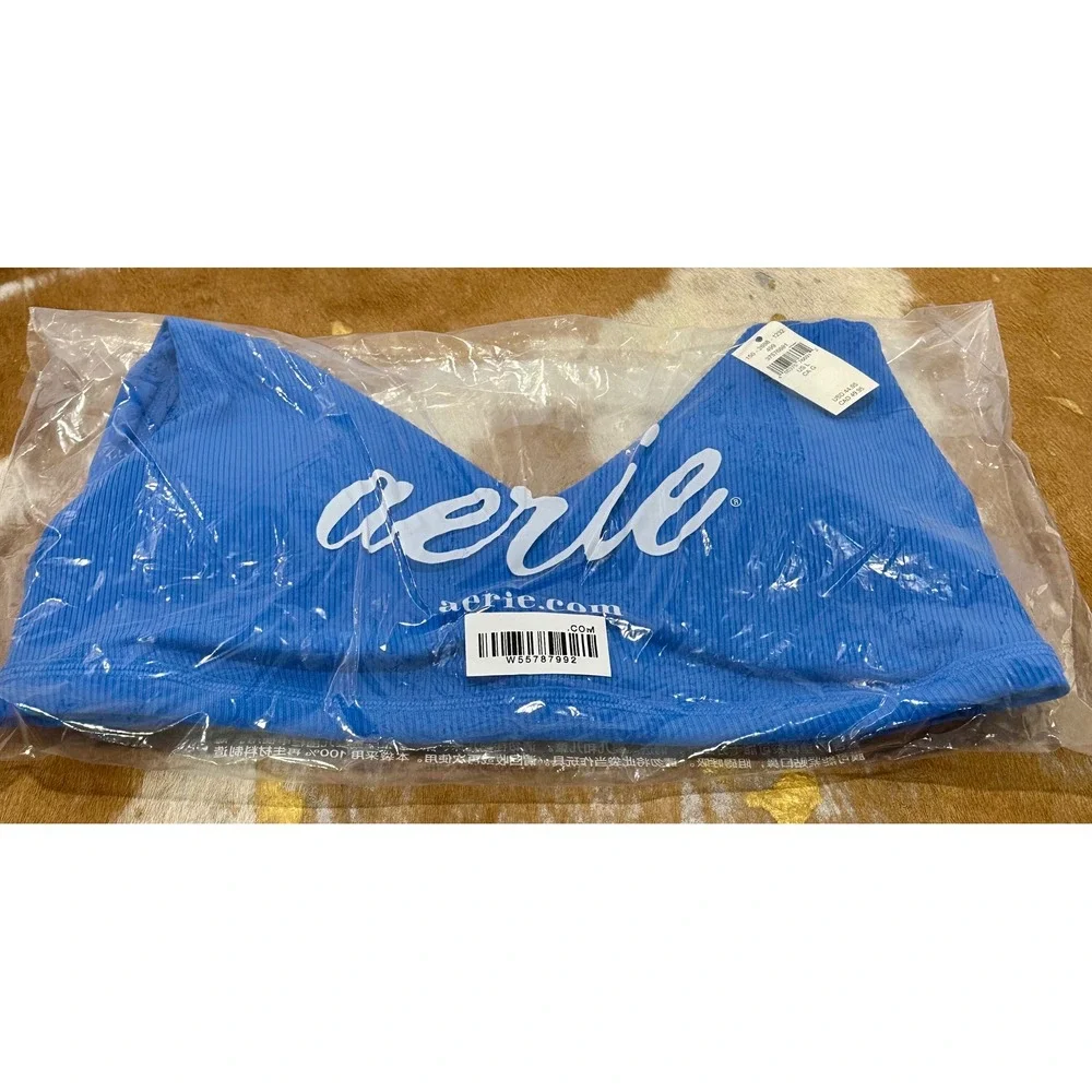 OFFLINE by Aerie Goals Ribbed V-Neck Sports Bra Blue Medium Support NWT L/G